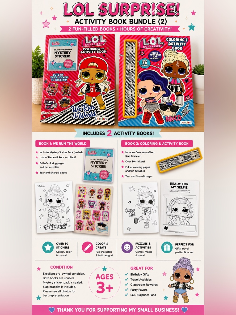 LOL Surprise! Coloring & Activity Book Bundle 2 Bendon Sticker & Slap Bracelet